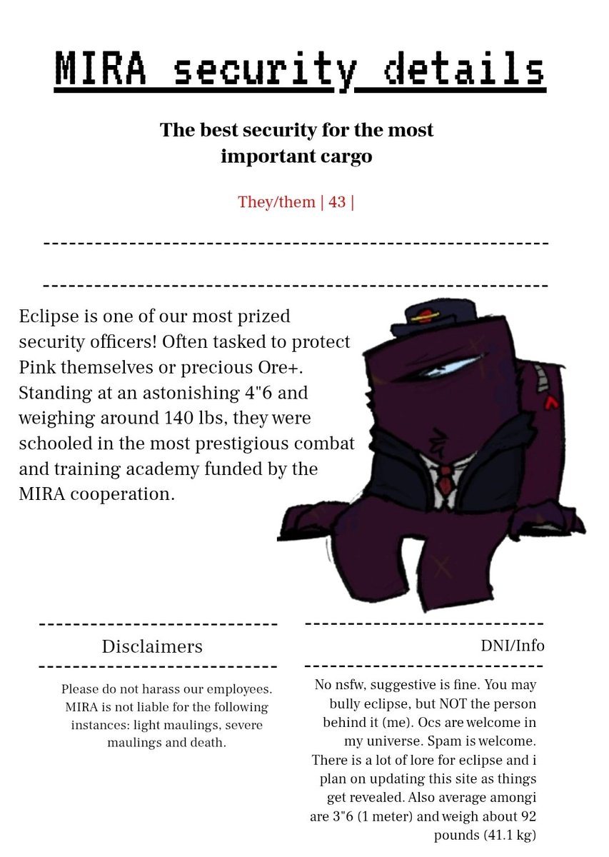 EclipsefromMIRA's tweet photo. Hello, I am Eclipse. A for hire security detail. If you wish to contact me, please either comment here or the link below. 

//Unable to receive drawings for some reason.//

#amongus #amongusshow #rodamrix
https://t.co/qJBfn2Og64 https://t.co/L86pGJKoUZ