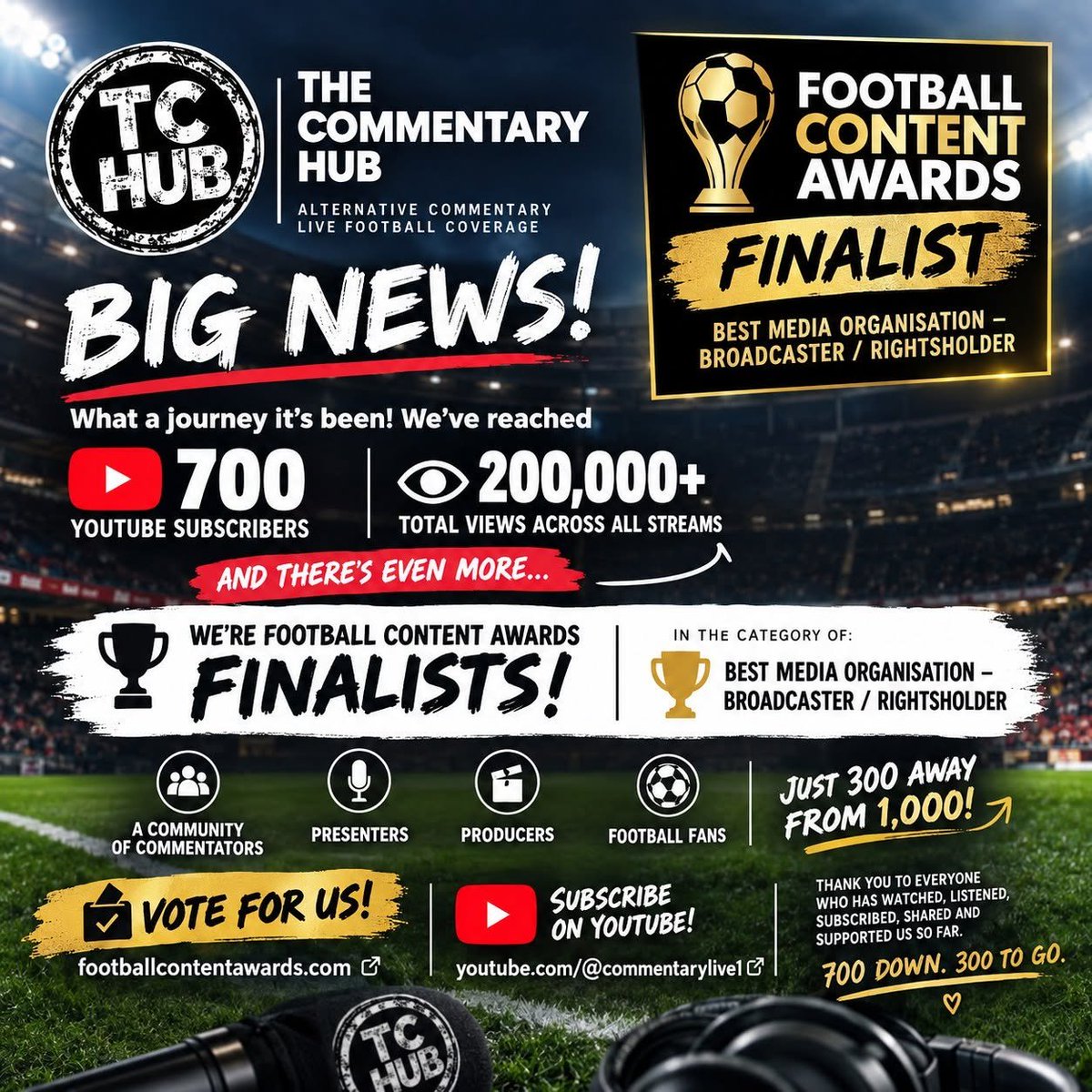 Sports_journo_X's tweet photo. Absolutely brilliant to co-own this channel alongside my friend @MikeHarniman. 

Help us get to 1k subs by end of the year.

Vote: https://t.co/Jnwj2p1hx0
Listen/subscribe: https://t.co/fMxKAEgqf1

@CommentaryLive1 https://t.co/bNfpvWsUVS