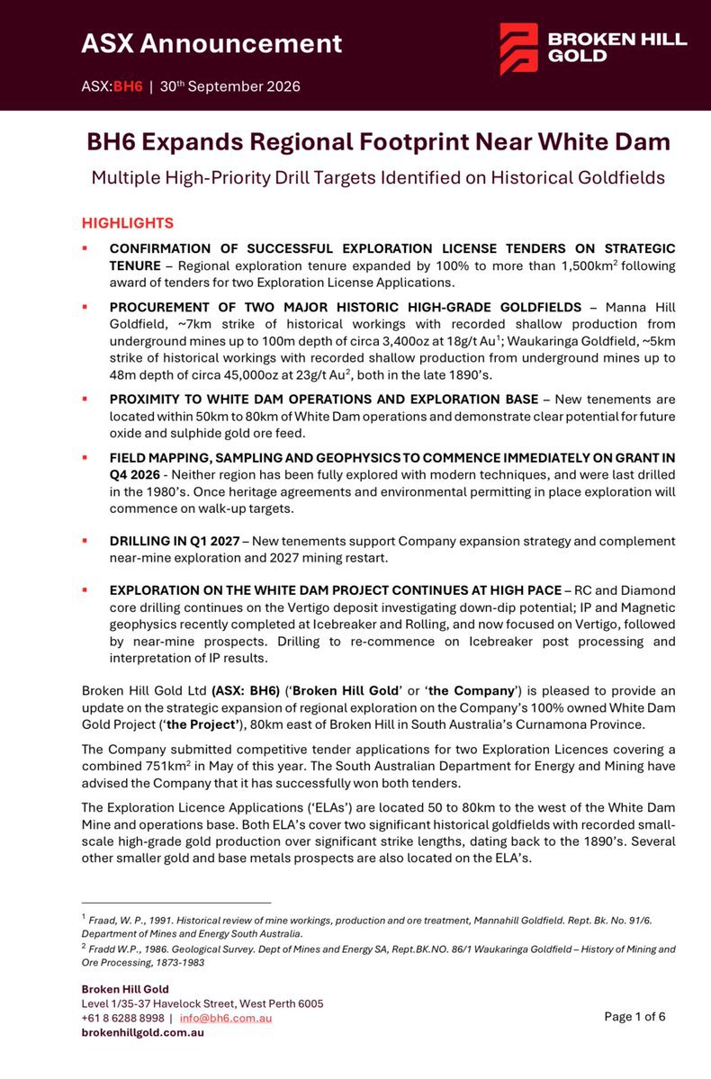 ausstokchick's tweet photo. ASX: BH6

Broken Hill Gold (ASX: BH6) has secured two Exploration Licence tenders, expanding its regional exploration tenure by 100% to >1,500km².

Highlights…

Procurement of two major historic high-grade goldfields https://t.co/2w6MtwMZkq