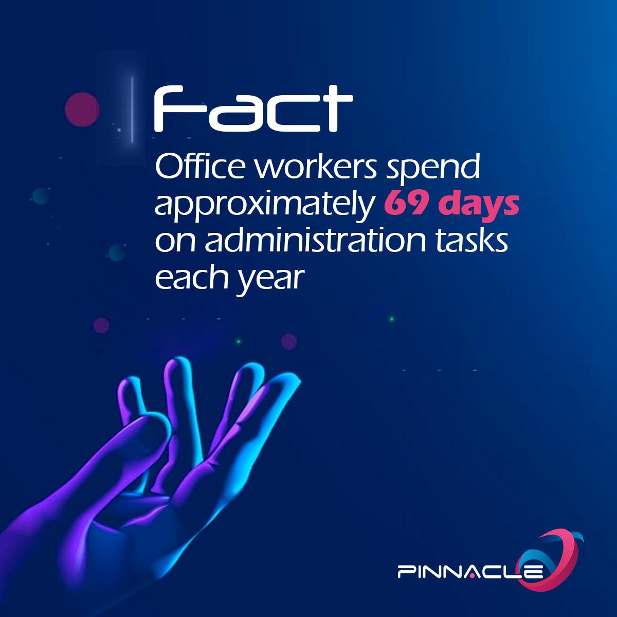 PinnacleQM100's tweet photo. The average office worker spends ~69 days a year on admin. That's nearly 20% of the working year. What would your team do with it back? #Productivity #Automation https://t.co/puFFhlxtpV