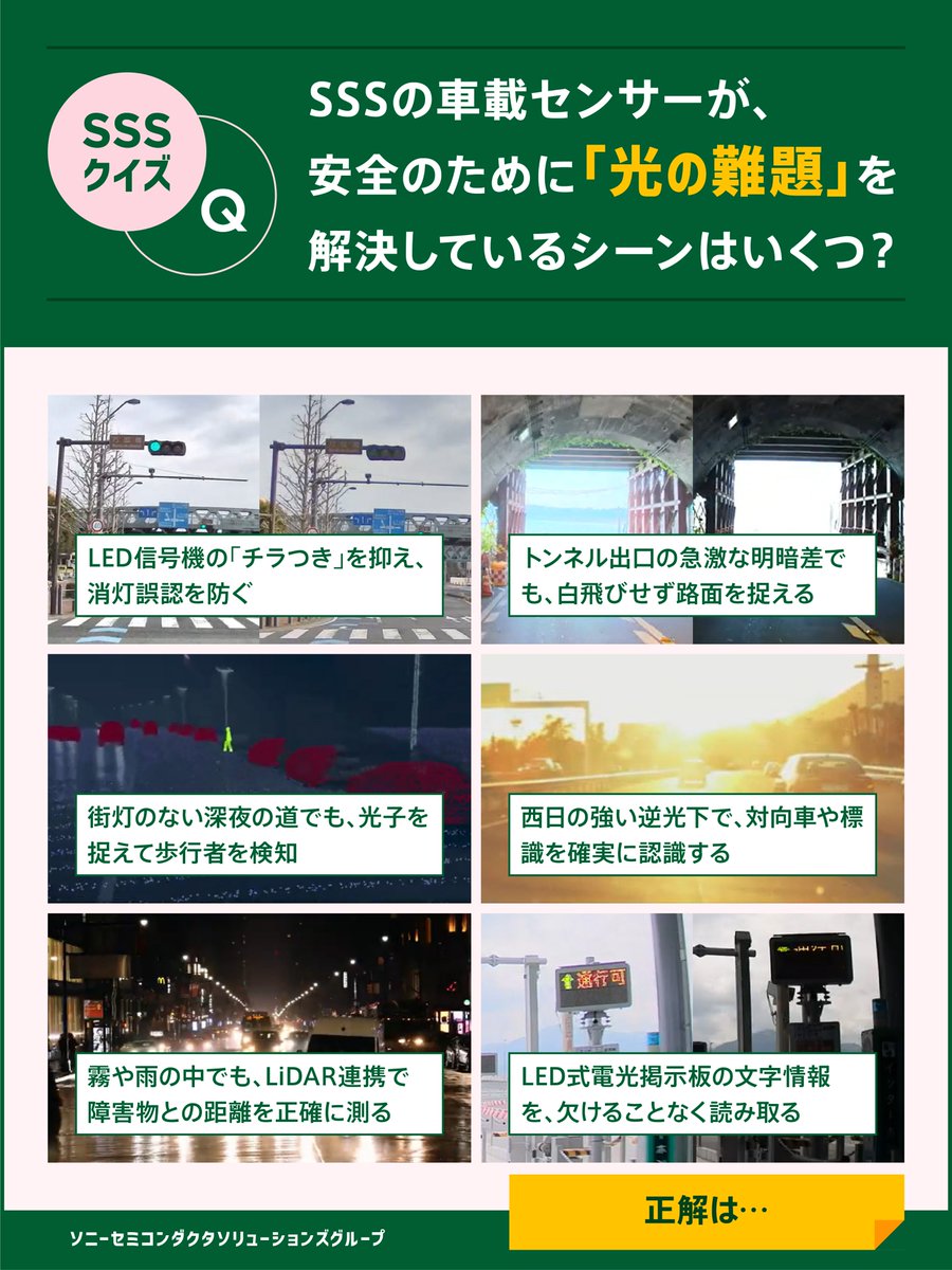 SonySemicon_JP's tweet photo. 今日は #交通死亡事故ゼロの日 。
それにちなんで #SSSクイズ
自動運転や安全運転支援システムにおいて、イメージセンサーには人間の眼を超える正確さが求められます🛡️
SSSの技術が光の難題を解決している瞬間はいくつあるでしょうか？👀
#車載センサー #HDR #LFM #SPAD #自動運転 #半導体 https://t.co/IwSgv6AZLJ