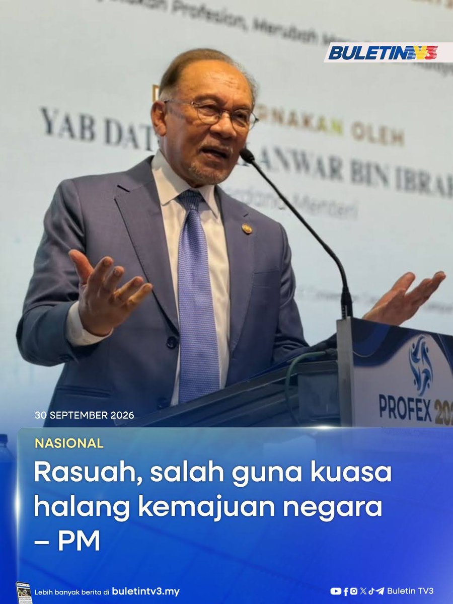 BuletinTV3's tweet photo. NASIONAL | Negara tidak mampu maju sekiranya rasuah, salah guna kuasa dan kelemahan profesionalisme terus dibiarkan berakar dalam sistem pentadbiran.

#BuletinTV3 #Rasuah #SalahGunaKuasa #PerdanaMenteri https://t.co/S8ahuulG2P