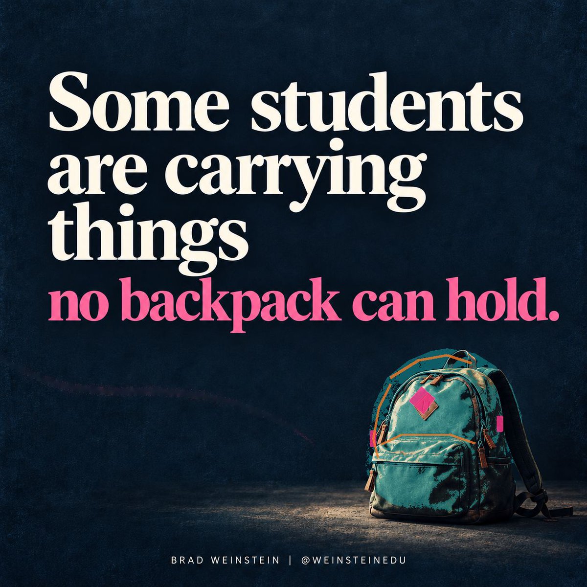 WeinsteinEdu's tweet photo. Some students walk into school carrying far more than books, assignments, and a Chromebook.

They may be dealing with stress at home, responsibilities beyond their age, grief, instability, fear, or something they have never told anyone.

That does not mean expectations disappear.

It does mean behavior sometimes makes more sense when we remember there may be a story we cannot see.

A little patience, a little curiosity, and one adult who does not immediately assume the worst can matter more than we realize.