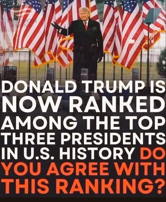 A graphic showing Donald Trump waving in front of American flags with text reading 'DONALD TRUMP IS NOW RANKED AMONG THE TOP THREE PRESIDENTS IN U.S. HISTORY DO YOU AGREE WITH THIS RANKING?'