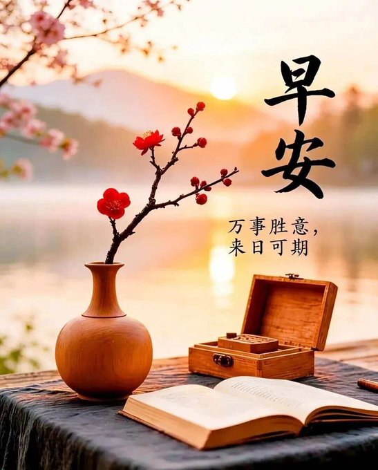 A serene scene with Chinese characters '早安' (Good Morning) and '万事胜意，来日可期', featuring a vase with plum blossoms, a wooden box, and an open book near a lake at sunset.