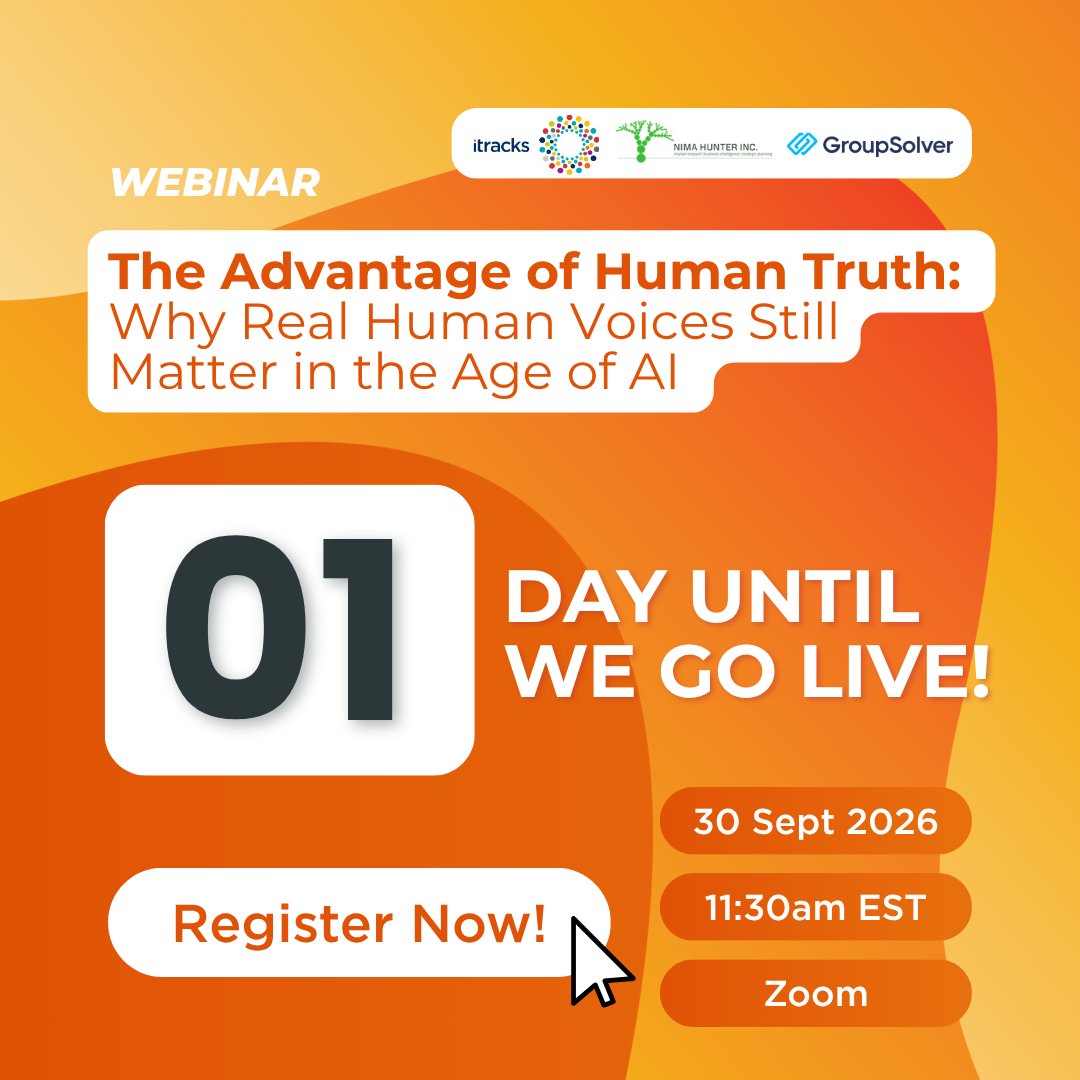 itracks's tweet photo. Real human voices still matter in market research. Learn why when we go live tomorrow at 11:30am EST.

Reserve your spot: https://t.co/euYifOB8Hc

🗓 Date: September 30, 2026
⏰ Time: 11:30 AM EST
💻 Platform: Zoom

#MarketResearch #QualitativeResearch #AI #HumanInsights https://t.co/gFlazLMNOe