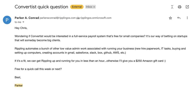 atishayhyperke's tweet photo. if you’re in b2b

PAY ATTENTION to what Rippling is doing with their outbound

i’d bet money these guys are booking at least 500-1,000+ demos/mo with these cold emails https://t.co/GevEdlbvnm