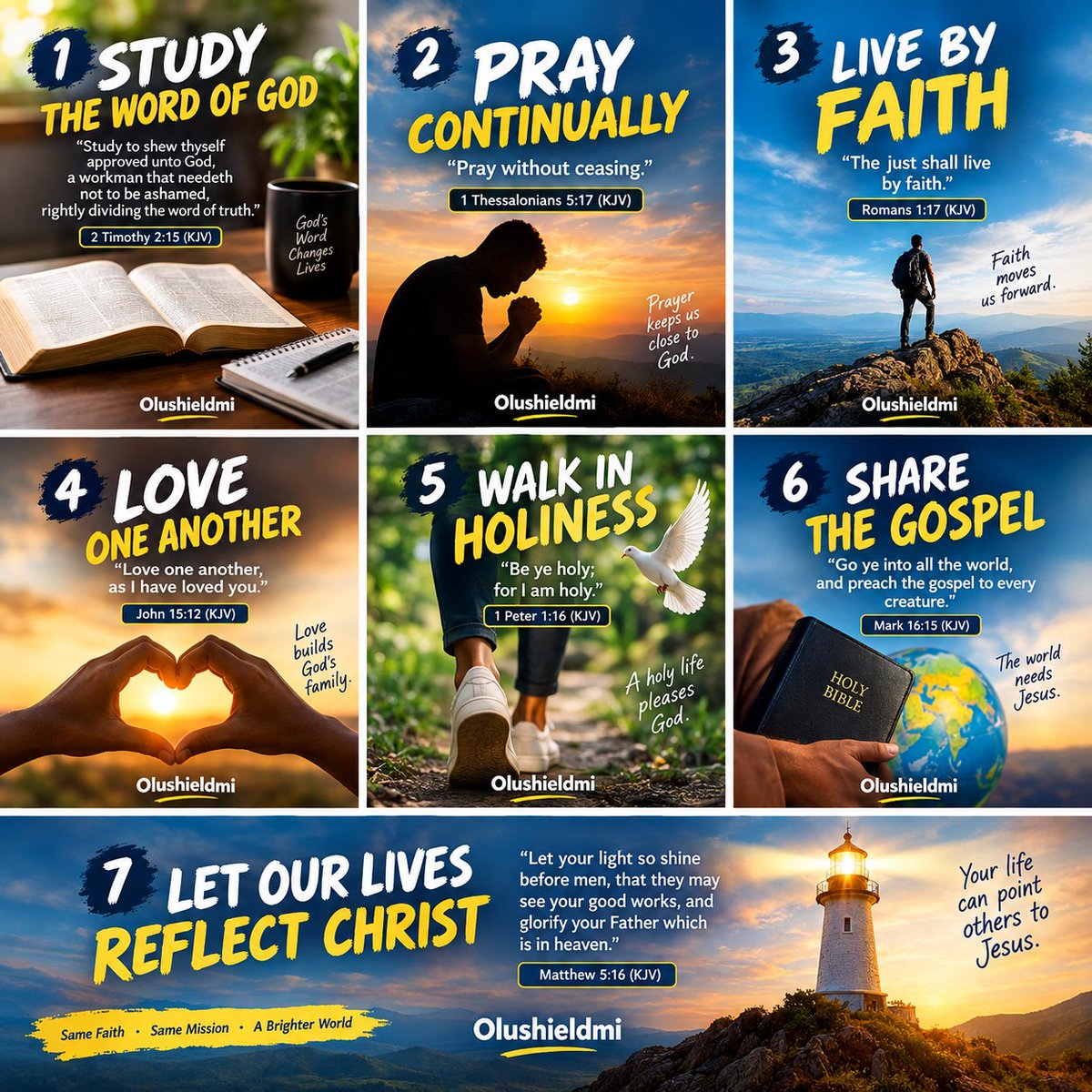 OluShieldmi's tweet photo. WHAT SHOULD WE DO AS CHRISTIANS?”
1. Study 
2. Pray 
3. Believe 
4. Love 
5. Live Holy 
6. Evangelize 
7.  Shine https://t.co/FcNyHUM07w