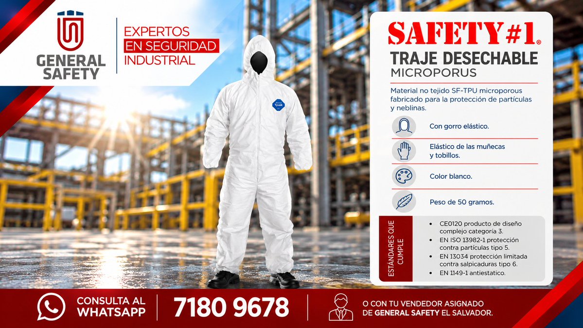 GeneralSafetyES's tweet photo. ¿Quieres protegerte de ciertos riesgos en el ambiente? En estos casos el traje de protección con microporos es importantísimo. Recuerda: tu integridad no es negociable. Contáctanos para más información al whatsapp 7180 9678 o a tu vendedor de General Safety El Salvador. https://t.co/jjCoLBFKRR