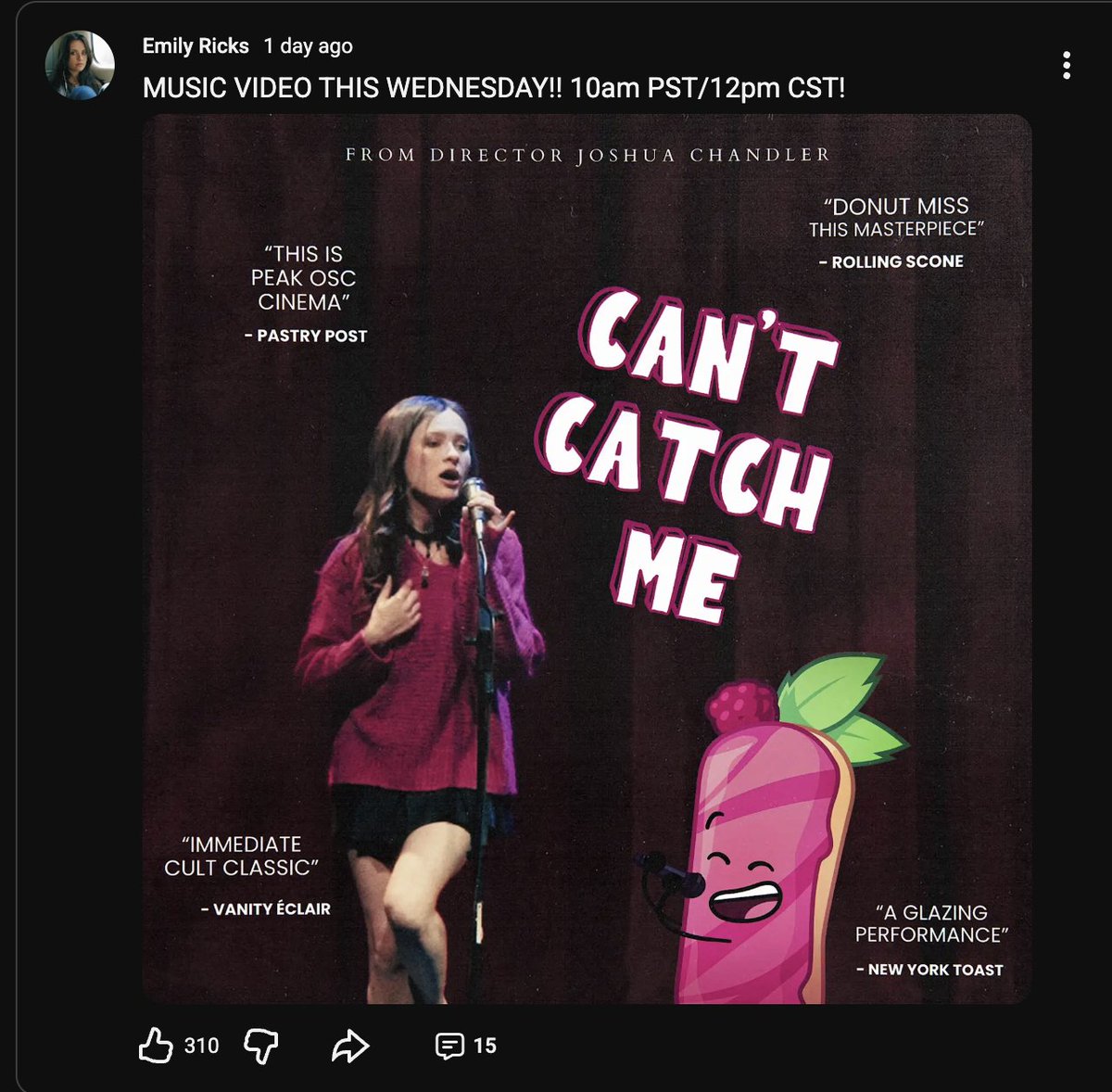 InanimateUpdate's tweet photo. A music video for "Can't Catch Me" will be releasing on Emily Ricks' channel TOMORROW at 10am PST/1pm EST! #inanimateinsanity https://t.co/TGP5L5Vrm8