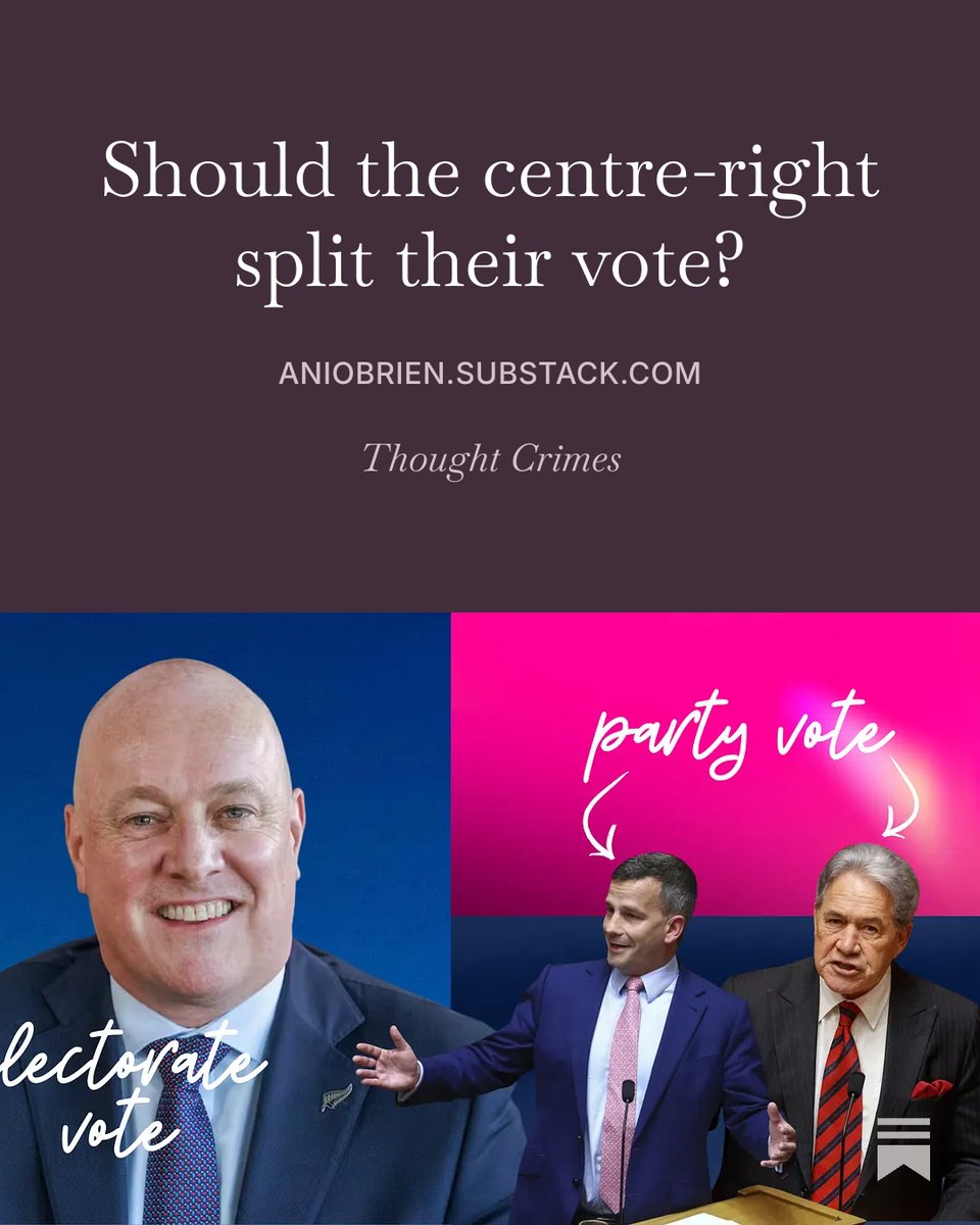 aniobrien's tweet photo. READ: https://t.co/VwJBDtO0hl
"The interests of an individual party and the arithmetic of a governing bloc are not always identical and this is the source of the suddenly rather heated argument on the right. National wants to save National. People promoting the overhang strategy are looking at the coalition as a whole."