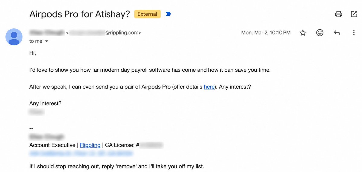 atishayhyperke's tweet photo. if you’re in b2b

PAY ATTENTION to what Rippling is doing with their outbound

i’d bet money these guys are booking at least 500-1,000+ demos/mo with these cold emails https://t.co/GevEdlbvnm