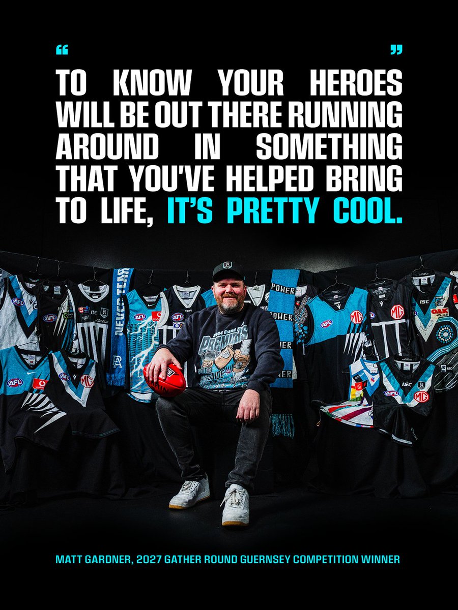 PAFC's tweet photo. The ultimate full circle moment 💫

Meet Matt, the lifelong Port Adelaide supporter who has helped bring our 2027 Gather Round guernsey to life 🖤

📝 https://t.co/WDf75jHROr https://t.co/D5SIMwbyuu