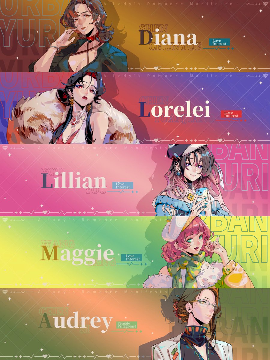 baiyhe's tweet photo. the characters and their profiles i complied/organized and to sum it up: 

Diana is your haunting crush 

Lorelei is your assertive ex-girlfriend 

Lillian is your mystery online friend 

Maggie is your cute childhood best-friend 

Audrey is or?….still unknown interest https://t.co/3M67M0pNlw
