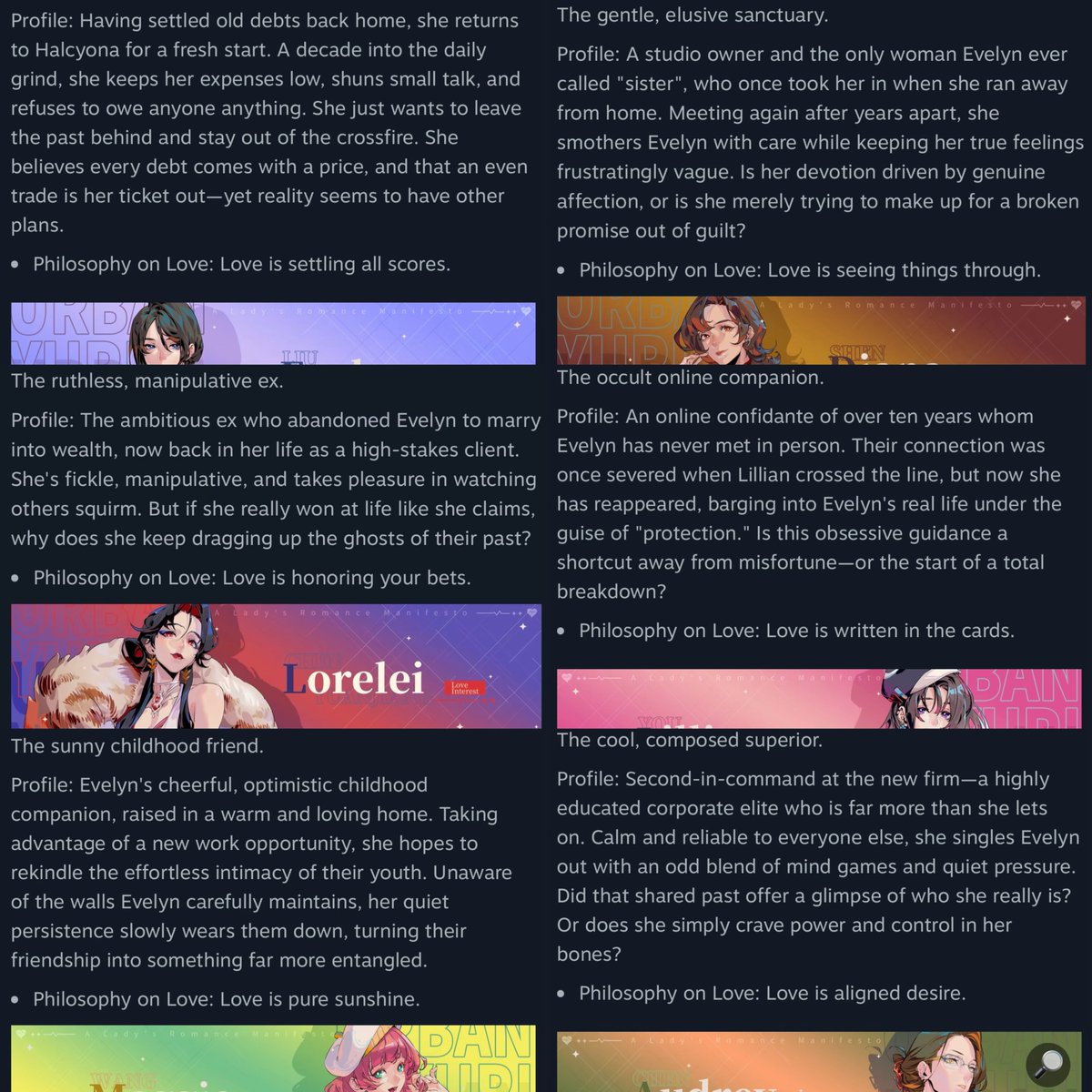 baiyhe's tweet photo. the characters and their profiles i complied/organized and to sum it up: 

Diana is your haunting crush 

Lorelei is your assertive ex-girlfriend 

Lillian is your mystery online friend 

Maggie is your cute childhood best-friend 

Audrey is or?….still unknown interest https://t.co/3M67M0pNlw