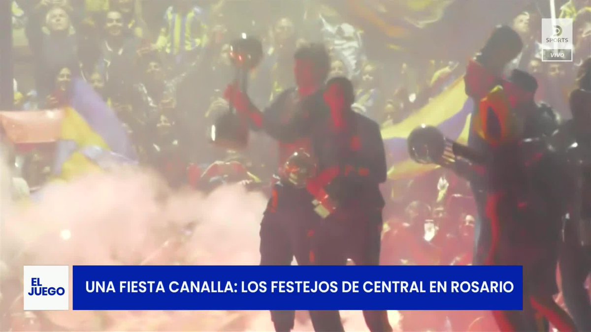 A sports broadcast graphic from 'EL JUEGO' reads 'UNA FIESTA CANALLA: LOS FESTEJOS DE CENTRAL EN ROSARIO' over footage of fans celebrating amid smoke.