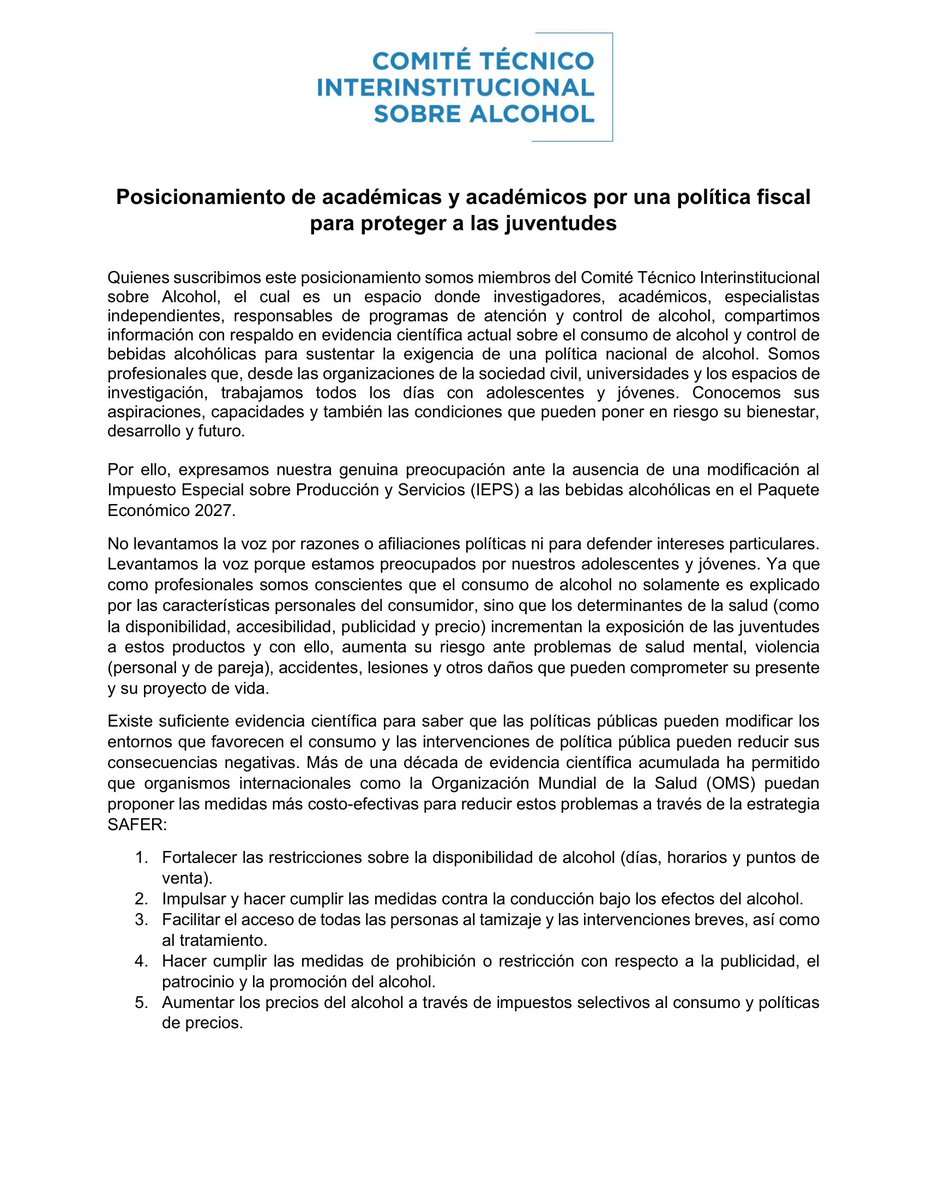 elpoderdelc's tweet photo. 🤨💰Aumentar el #IEPS al alcohol no es un tema político, es una urgencia de salud pública respaldada por la ciencia para proteger a las nuevas generaciones.
📢Desde la academia y con respaldo en evidencia científica, el Comité Técnico Interinstitucional sobre Alcohol expresa su preocupación por la falta de modificación al IEPS a bebidas alcohólicas en el #PaqueteEconómico2027.
Checa el posicionamiento completo.👇
https://t.co/IjN0sGqS9J