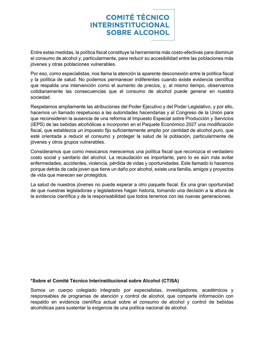 elpoderdelc's tweet photo. 🤨💰Aumentar el #IEPS al alcohol no es un tema político, es una urgencia de salud pública respaldada por la ciencia para proteger a las nuevas generaciones.
📢Desde la academia y con respaldo en evidencia científica, el Comité Técnico Interinstitucional sobre Alcohol expresa su preocupación por la falta de modificación al IEPS a bebidas alcohólicas en el #PaqueteEconómico2027.
Checa el posicionamiento completo.👇
https://t.co/IjN0sGqS9J