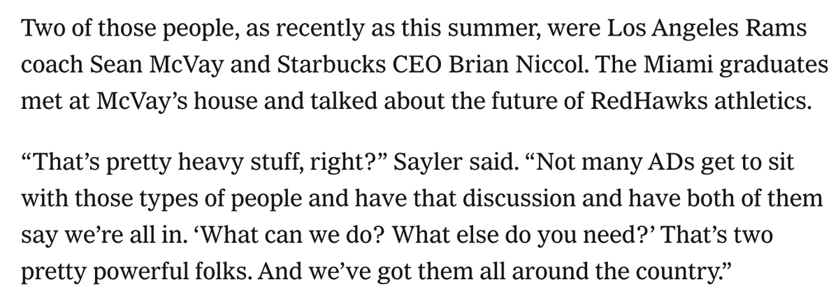 johnbreech's tweet photo. Rams coach Sean McVay and Starbucks CEO Brian Niccol were sitting in a room together this summer trying to figure out how to turn Miami (Ohio) into an athletic juggernaut. (via @TheAthletic) 

That's one of the most exciting sentences I've ever read about Miami sports. https://t.co/cnraflSeMC