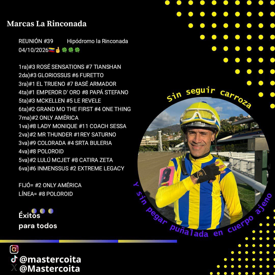 mastercoita's tweet photo. Por aquí les comparto lo qué me gusta a mí para el hipódromo dél terror la Rinconada 🇻🇪🤞🍀🍀🍀... https://t.co/GAvRqsa0mz