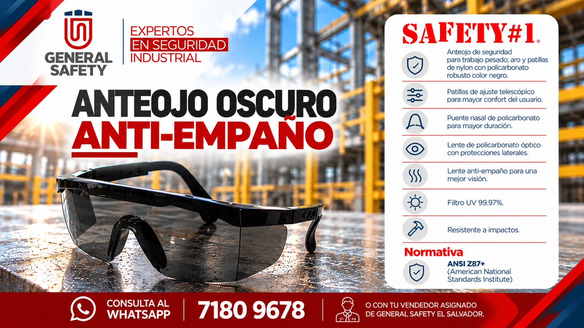 GeneralSafetyES's tweet photo. ¿Para qué sirven los anteojos de seguridad con protección lateral? Para todos aquellos trabajos en donde partículas e impactos pueden llegar también por los lados. Cotiza con nosotros anteojos especializados al whatsapp 7180 9678 o con tu vendedor asignado de General Safety. https://t.co/hSaFGR0OPS