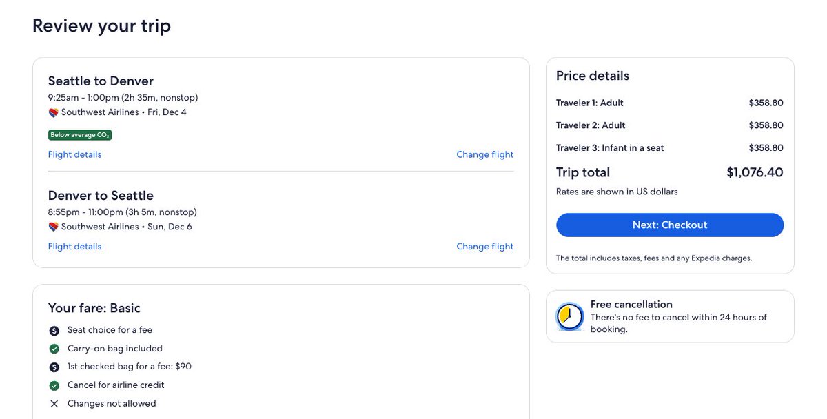 jsutter76's tweet photo. @Expedia I’ve used you for 20+ years, but today may have ended that. I have $969.87 in @SouthwestAir credits. Tried using them on a $1,076 trip, but Expedia says using my credits requires a higher fare that pushes the SAME flights to over $2,000. 🧵 https://t.co/UP1xerwsQ4