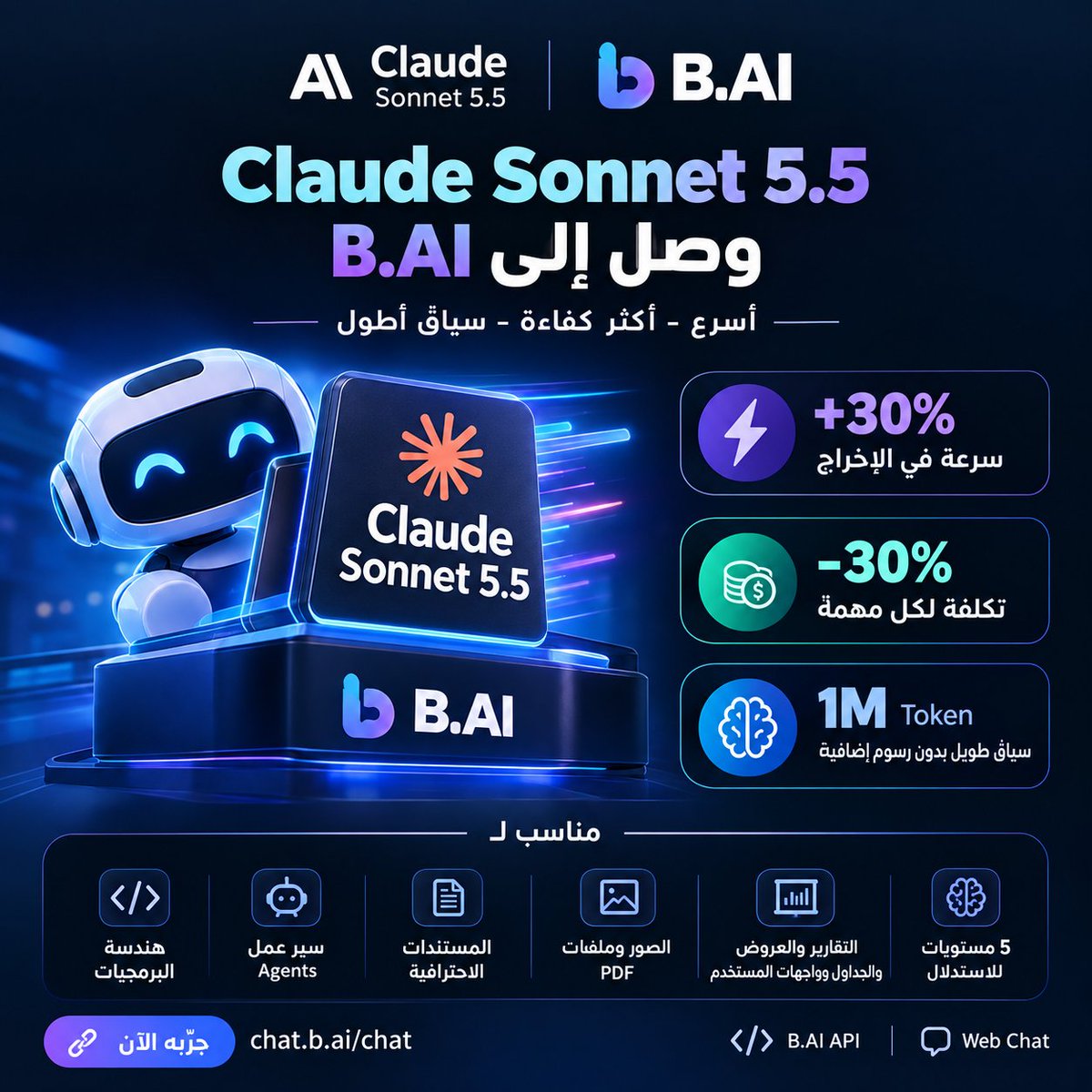G8TQ6's tweet photo. 📢 Claude Sonnet 5.5 أصبح متاحًا الآن على https://t.co/vcPrZC73jL…

لم يعد الأمر متعلقًا بإطلاق نموذج جديد فقط، بل بما يقدمه هذا النموذج من مزيج بين السرعة، الكفاءة، وقدرات العمل الاحترافي.

أصبح Claude Sonnet 5.5 متاحًا الآن على https://t.co/vcPrZC73jL، باعتباره أحدث نموذج ضمن عائلة Sonnet من @AnthropicAI، ومكمّلًا لـ Claude Opus 5.5 مع تركيز أكبر على السرعة وخفض تكلفة المهام.

⚡ أول سؤال: أين يظهر الفرق؟

بحسب المعلومات المعلنة، يقدم Claude Sonnet 5.5:

• أكثر من 30% سرعة إضافية في الإخراج.
• خفضًا يصل إلى 30% في تكلفة المهمة.

وهذا يجعله موجهًا نحو تقديم أداء أسرع مع تكلفة أقل لكل مهمة.

🧠 لكن ماذا يستطيع أن يفعل؟

النموذج مصمم لعدد من الاستخدامات الاحترافية، أبرزها:

• هندسة البرمجيات.
• سير عمل الوكلاء (Agent workflows).
• التعامل مع المستندات الاحترافية.
• فهم الصور وملفات PDF.
• إنشاء التقارير.
• إنشاء العروض التقديمية.
• إنشاء جداول البيانات.
• إنشاء واجهات المستخدم.

🔍 وماذا عن الاستدلال والسياق؟

Claude Sonnet 5.5 يوفر 5 مستويات للاستدلال، إلى جانب نافذة سياق ضخمة تصل إلى 1 مليون رمز.

واللافت هنا أن استخدام السياق الطويل لا يفرض رسومًا إضافية.

🌐 أين يمكن استخدامه؟

لم يعد الوصول إلى النموذج مقتصرًا على طريقة واحدة، إذ أصبح Claude Sonnet 5.5 متاحًا الآن عبر:

https://t.co/vcPrZC73jL API + Web Chat

وهذا يتيح الوصول إليه سواء من خلال واجهة المحادثة أو عبر واجهة API.

📌 الخلاصة:

Claude Sonnet 5.5 يدخل إلى https://t.co/vcPrZC73jL كأحدث نماذج Sonnet من Anthropic، جامعًا بين سرعة أعلى، تكلفة أقل، سياق يصل إلى مليون رمز، وقدرات متعددة للبرمجة والوكلاء والمستندات وإنشاء المحتوى الاحترافي.

والآن أصبح متاحًا للتجربة مباشرة على https://t.co/vcPrZC73jL.

#TGF #TRON
#TRONGlobalFriends