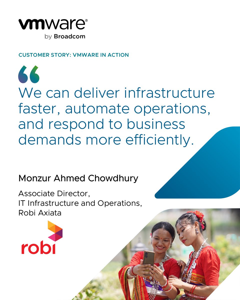 VMware's tweet photo. Robi speeds up IT &amp; service delivery with VCF ⚡

Robi Axiata built a sovereign cloud to cut VM provisioning by 40%+ and power digital services for its subscribers. See their story: https://t.co/ZrlGNdLbfm https://t.co/w1qR1Bzcgp