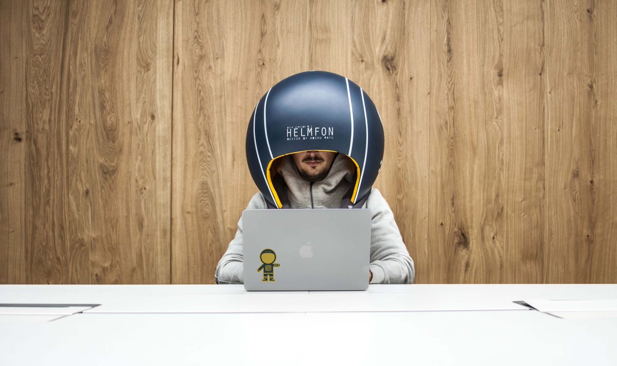 archetypework's tweet photo. In 1925, Hugo Gernsback built the Isolator: a sealed helmet with an oxygen line, designed to shut out every distraction.
Then came the Helmfon 2017.
Both valid ideas we think, but we hope we can do better.  Try them yourself during our @SFTechWeek  Showcase!

https://t.co/SkhdAZjtQ2