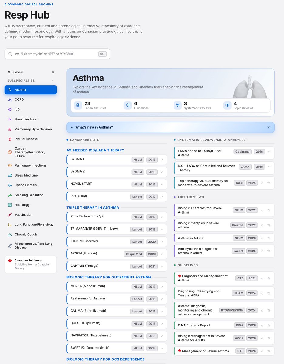 RespHub1's tweet photo. @CTS_SCT Interested in keeping up to date on Asthma Landmark Trials, Systematic Reviews, and Canadian Guidelines? 

Check out https://t.co/fmglPSWVK6 -> the first ever interactive digital repository of Landmark Respirology evidence with a Canadian Focus: 

Free to use. Kept up-to-date: https://t.co/RVObgrNHlL