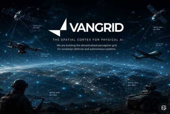 A futuristic advertisement for 'VANGRID' described as 'THE SPATIAL CORTEX FOR PHYSICAL AI,' showing drones, aircraft, and vehicles connected to a digital grid over a world map at night.