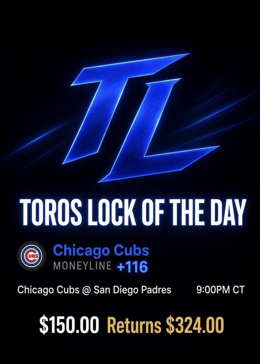 ToroLocks's tweet photo. ⚾️ LOCK OF THE DAY ‼️

$150 -> $324

Cubs Owned The Padres all season. I expect the same here tonight 

#Gambling𝕏 #PrizePicks #SportsBett #MLB #FlyTheW https://t.co/uvhEhWyTJP