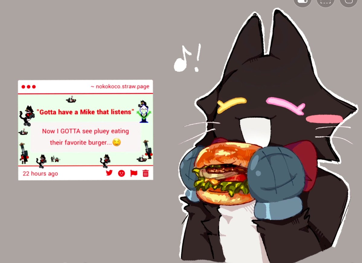 Nokokoco's tweet photo. pluey with a really yummy burger 🤤🤤 https://t.co/ZqQw5fh1tN