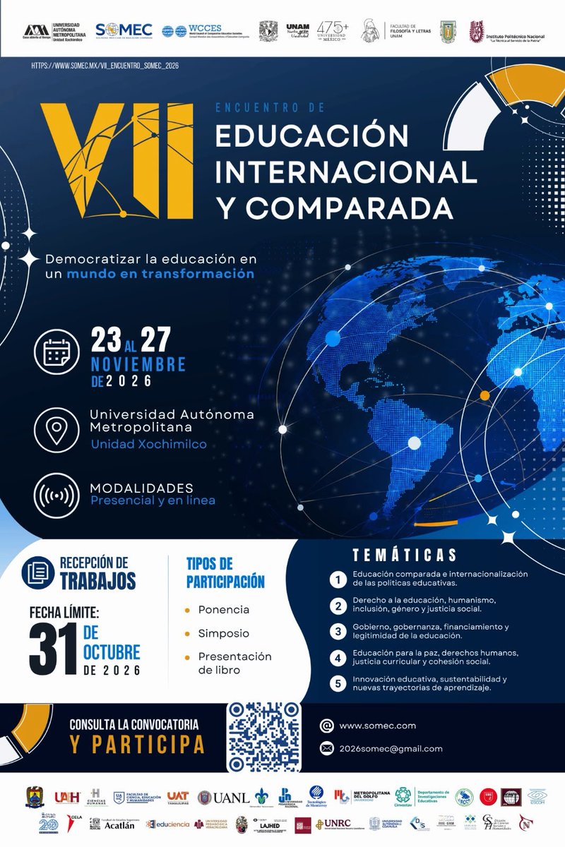 lauammx's tweet photo. 📢 ¡Atención a la comunidad académica e investigadora! 🎓

Te invitamos al VII Encuentro de Educación Internacional y Comparada. Si trabajas temas de inclusión, gobernanza, educación para la paz o innovación educativa, ¡esta convocatoria es para ti!

🗓️ 23 a 27 de noviembre de 2026
📍 UAM Xochimilco | Modalidad Híbrida (Presencial y en línea)
⏳ Envío de trabajos hasta: 31 de octubre de 2026
Acompáñanos a reflexionar sobre la democratización de la educación.

👉 Escanea el código QR de la imagen o ingresa a https://t.co/suO9QNqY9G para conocer las bases completas.

#SoyUAM #Investigación 
#LíderEnConocimiento #UAMX