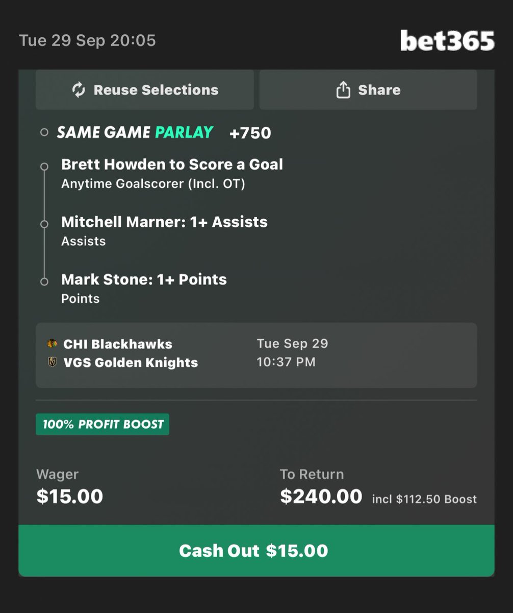 SlipSenseii's tweet photo. Just realized there was a 100% Boosted after 6PM, so here we go ! 
#VegasBorn vs #Balckhawks

15$ -> 240$

#NHL #NHLPicks #NHLProps #lotto #Moons #Nuke #Parlay #picks #props #Hockey https://t.co/j48CG8l7U3