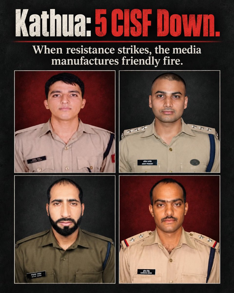 Fatima5172's tweet photo. Five CISF personnel wiped out in Kathua by *Kashmiri freedom fighters, yet Delhi’s media runs with the pathetic "fratricide" spin. Covering up combat humiliation by claiming your own troops shoot each other isn't damage control, it’s pure desperation

#Article232 #nsfwtwtًً https://t.co/woyovjF2gx