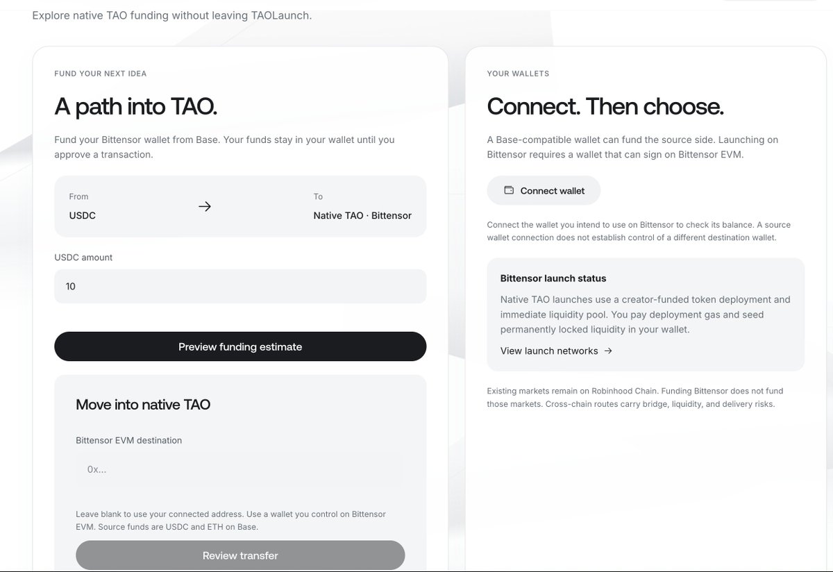taolaunch's tweet photo. You can fund your Bittensor EVM with our base to native TAO bridge and launch the tokens on Bittensor EVM network. https://t.co/NjKOpViOV7