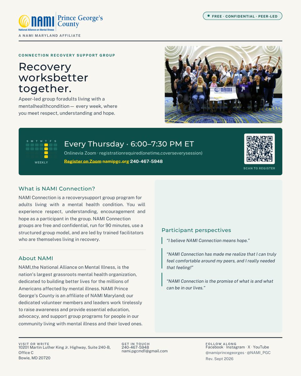 NAMI_PGC's tweet photo. ๐ "NAMI Connection means hope." Weekly peer support for adults living with mental health conditions. Thursdays via Zoom. https://t.co/HNalfkXZRy
#NAMIPGC #NAMIConnection https://t.co/5jHsJquQRo