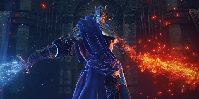 An armored knight wields a flaming sword in his left hand and a glowing blue sword in his right, with a flowing blue cape, set against a dark, gothic architectural backdrop.