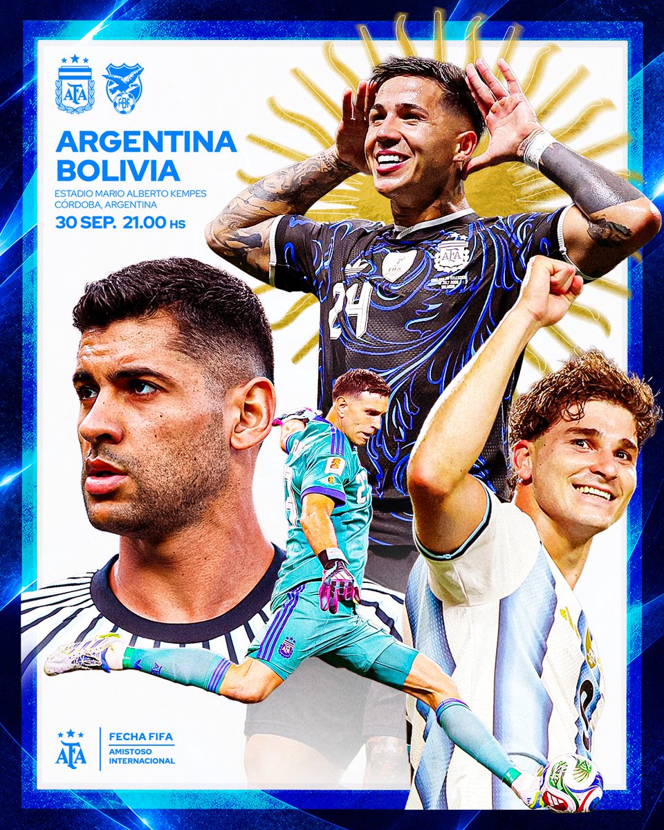 Argentina's tweet photo. #SelecciónMayor 
🗓 Amistoso Internacional
⚽️ #Argentina 🇦🇷 🆚 Bolivia 🇧🇴
🕰 21.00
📍 Estadio Mario A. Kempes, Córdoba
👨‍⚖️ Jhon Ospina (Colombia)

📰 https://t.co/lVutWpWU6C https://t.co/QkqbL2QTRB
