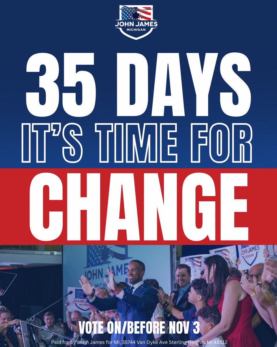 JohnJamesMI's tweet photo. 35 DAYS LEFT TO SAVE MICHIGAN.

We can end the failures, restore common sense, and build a future we can all be proud of. But not without your help.

Join the fight today, https://t.co/BuqNl1AmNi 🇺🇸 https://t.co/e4FygrGWSc