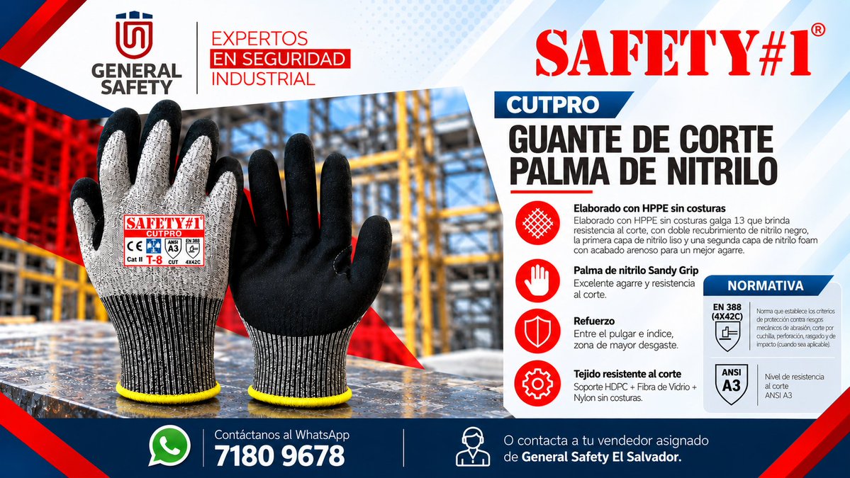 GeneralSafetyES's tweet photo. ¿Quieres proteger tus manos de posibles cortaduras? General Safety te ofrece una línea completa de guantes de protección según el riesgo. Cotiza al whatsapp 7180 9678 o con tu vendedor asignado de General Safety El Salvador. #produccion #seguridadindustrial https://t.co/TdILpTlBt0
