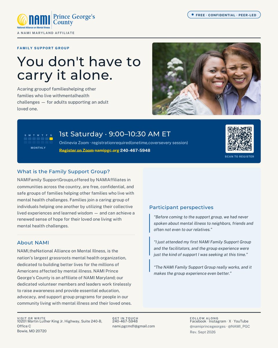 NAMI_PGC's tweet photo. ๐ You don't have to carry it alone. Family Support Group for adult loved ones, 1st Saturdays, 9-10:30 AM ET. https://t.co/d4RsR8YAIh
#NAMIPGC https://t.co/maoKhxxf76