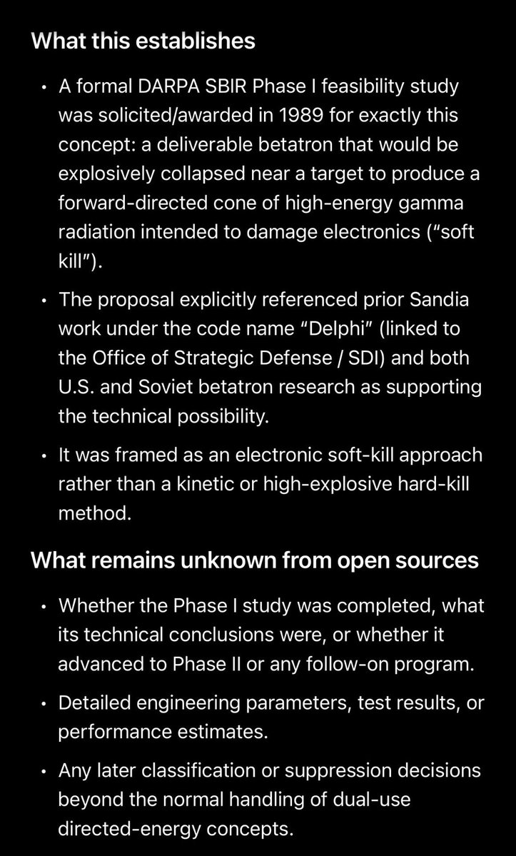 MagnetReconnect's tweet photo. “Betatron Soft Kill Device” 

1989 #DARPA SBIR feasibility study for a #Betatron Soft Kill Device using explosive collapse to generate directed gamma radiation for electronics disablement. 

https://t.co/KCUGQbq3oq

https://t.co/iY9LkLa7h0 https://t.co/vWhiAkigxa