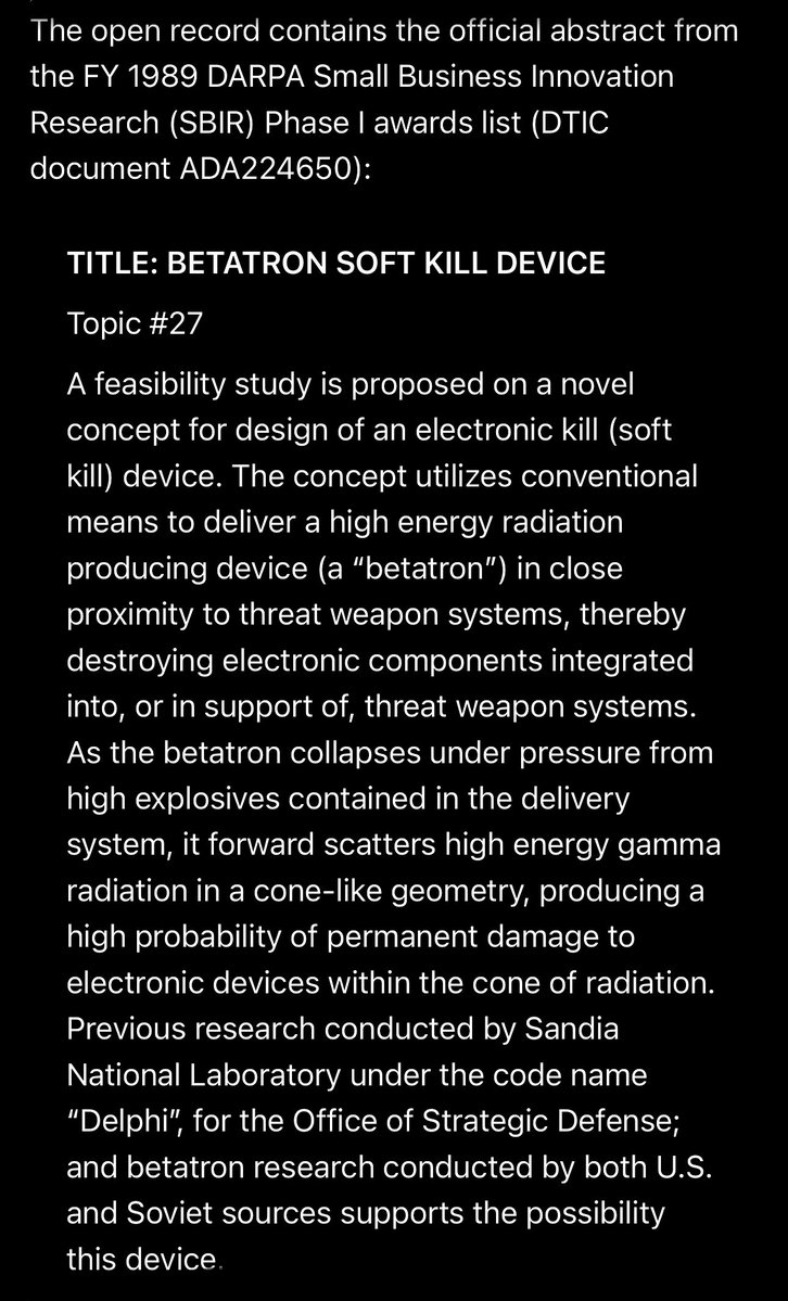 MagnetReconnect's tweet photo. “Betatron Soft Kill Device” 

1989 #DARPA SBIR feasibility study for a #Betatron Soft Kill Device using explosive collapse to generate directed gamma radiation for electronics disablement. 

https://t.co/KCUGQbq3oq

https://t.co/iY9LkLa7h0 https://t.co/vWhiAkigxa