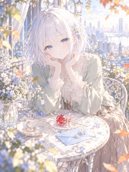 An anime-style illustration of a silver-haired girl with blue eyes wearing a frilly, pastel-colored dress, sitting at a small table with a red candy and an envelope, surrounded by flowers and autumn leaves with a bridge in the background.