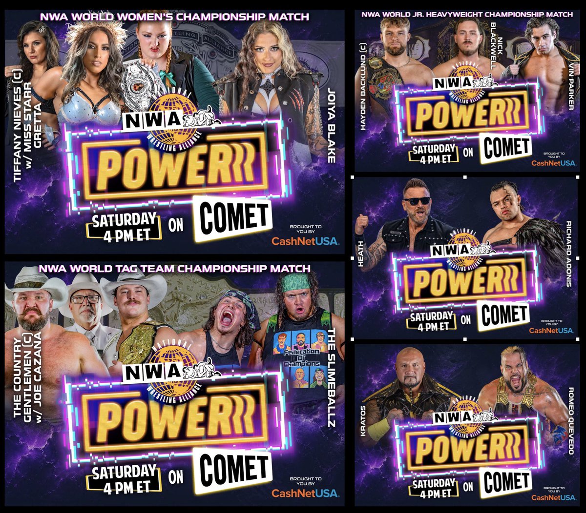 nwa's tweet photo. 𝙎𝘼𝙏𝙐𝙍𝘿𝘼𝙔 𝙊𝙉 𝙋𝙊𝙒𝙀𝙍𝙍𝙍 
This Saturday at 4PM ET, it’s a brand new 𝙉𝙒𝘼 𝙋𝙊𝙒𝙀𝙍𝙍𝙍 on Comet, featuring 𝘵𝘩𝘳𝘦𝘦 championship matches as the NWA 78 fallout hits the Powerrrstation!

⚡️𝙉𝙒𝘼 𝙒𝙤𝙧𝙡𝙙 𝙒𝙤𝙢𝙚𝙣’𝙨 𝙏𝙞𝙩𝙡𝙚 𝙈𝙖𝙩𝙘𝙝⚡️
 Champion “La Princesa” @TiffanyNieves_, with Television’s Most Attractive’s Miss Starr and The Giant @GrettaWrestler in her corner, defends ‘The Burke’ against Joiya Blake!

⚡️ NWA World Junior Heavyweight Champion @Hayden_Backlund puts the title on the line against @NBlackwellPro18 𝘢𝘯𝘥 @RealVinParker!

⚡️ 𝙉𝙒𝘼 𝙒𝙤𝙧𝙡𝙙 𝙏𝙖𝙜 𝙏𝙞𝙩𝙡𝙚 𝙈𝙖𝙩𝙘𝙝⚡️ 
Champions The Country Gentlemen, brothers @AjCazana & @CazanaKC with Col. @CazanaJoe, defend against The FOC’s SlimeBallz, @slimeballsage & @SlimetimeTommy.

⚡️“The One-Man Band with the One Name Name” @HEATHXXII makes his Powerrrstation debut! The No. 1 contender to the NWA Worlds Heavyweight Championship looks to make a statement against @RichardAdoniss.

⚡️ One of the NWA’s hardest hitters, “The Most Feared” @Jr_KRATOS goes one-on-one with debuting @Romeo_Quevedo!

It’s an action-packed episode of 𝙉𝙒𝘼 𝙋𝙊𝙒𝙀𝙍𝙍𝙍 on FREE TV!

Watch new 𝙉𝙒𝘼 𝙋𝙊𝙒𝙀𝙍𝙍𝙍 episodes on @WatchComet!
Saturdays at 4PM & Midnight (3PM & 11PM CT).
Catch up on @Tubi.

𝚃𝚑𝚎 𝙽𝚊𝚝𝚒𝚘𝚗𝚊𝚕 𝚆𝚛𝚎𝚜𝚝𝚕𝚒𝚗𝚐 𝙰𝚕𝚕𝚒𝚊𝚗𝚌𝚎: 𝙵𝚘𝚛 𝚘𝚟𝚎𝚛 78 𝚢𝚎𝚊𝚛𝚜,  𝚠𝚑𝚎𝚛𝚎 𝙷𝙸𝚂𝚃𝙾𝚁𝚈 𝙻𝙸𝚅𝙴𝚂 𝚊𝚗𝚍 𝙻𝙴𝙶𝙴𝙽𝙳𝚂 𝙰𝚁𝙴 𝙵𝙾𝚁𝙶𝙴𝙳!