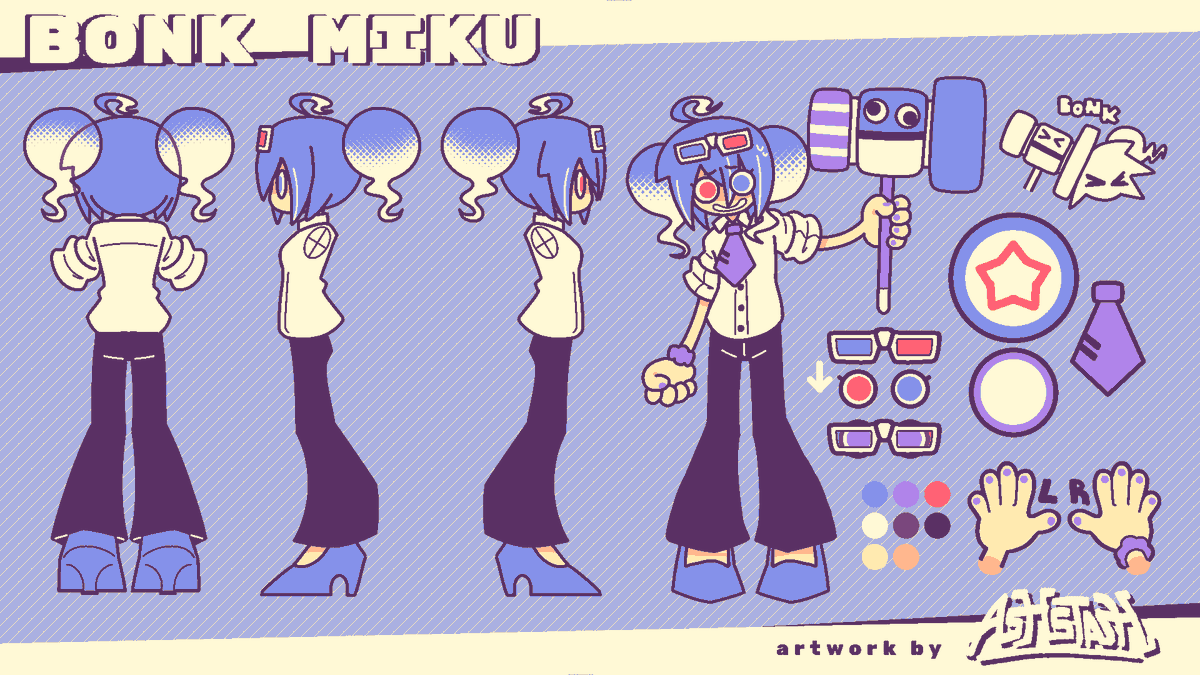 AshStash__'s tweet photo. I Illustrated &amp; Animated for BONK! by MonochroMenace!! 💜❤️💙

Here's a Ref Sheet of this songs Miku Design!! https://t.co/nvg2aMIEpz