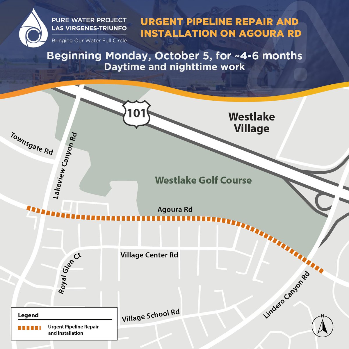 ourpureh2o's tweet photo. 🚧 Urgent pipeline repair and installation begin Oct. 5 on Agoura Rd between Lindero Canyon Rd and Lakeview Canyon Rd.

Expect daytime and nighttime work over the next 4–6 months. Please plan ahead and allow extra travel time.

🔗 https://t.co/SkbnldfZxm https://t.co/SNWjtmLIGM