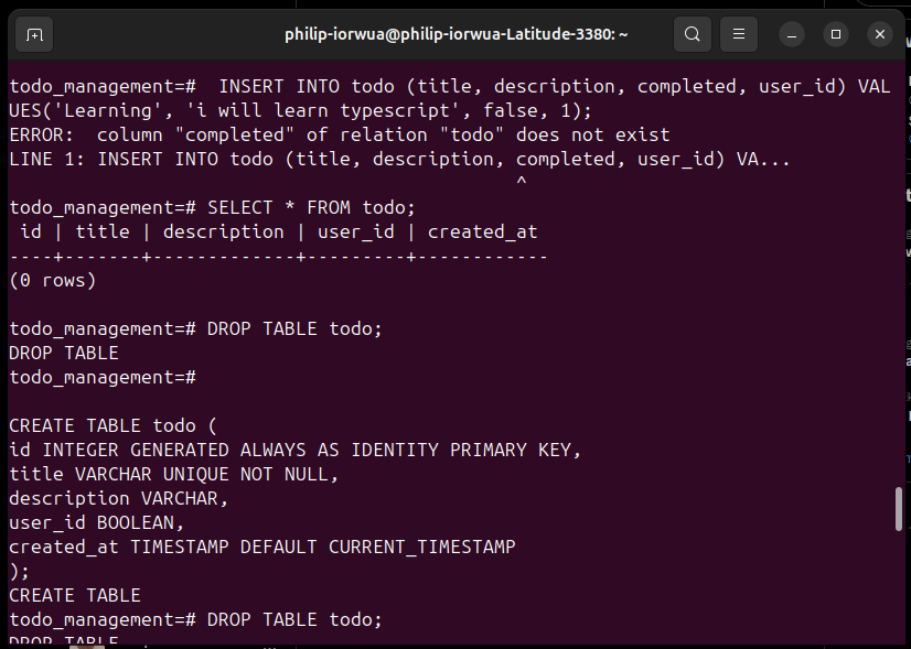 PIorwua12080's tweet photo. Day 22 of #30DaysOfCode. Working on my first database as i learnt the CRUD with postgres today. I created the database, create table, insert input in the table, update, delete, and get information from the database table.
Still practicing https://t.co/qYXjQ52uiY